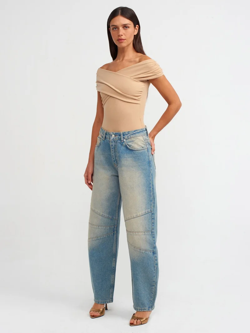 ديلفين 20828 Off Shoulders Gathered Bodysuit-Beige
