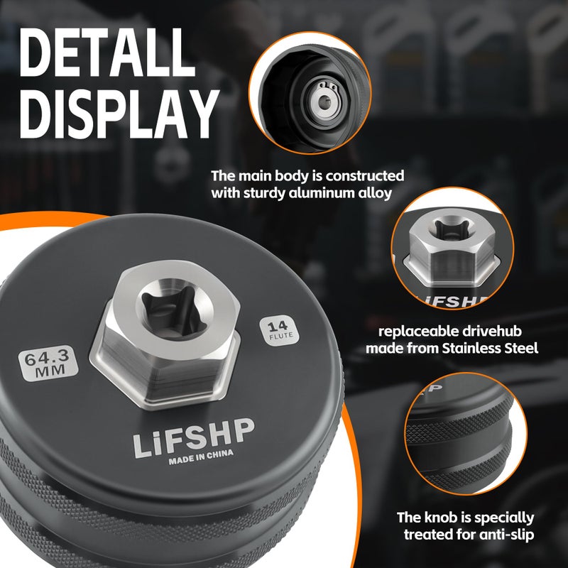 LIFSHP 64mm Oil Filter Wrench, 14 Flute for Toyota Camry, Tundra, Tacoma, 4Runner, RAV4,Precision CNC Machined Aircraft Aluminum Oil Filter Removal Tool-Gun Black - Image 4