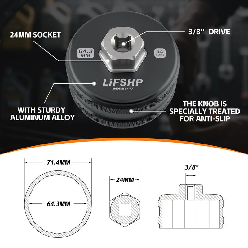 LIFSHP 64mm Oil Filter Wrench, 14 Flute for Toyota Camry, Tundra, Tacoma, 4Runner, RAV4,Precision CNC Machined Aircraft Aluminum Oil Filter Removal Tool-Gun Black - Image 5