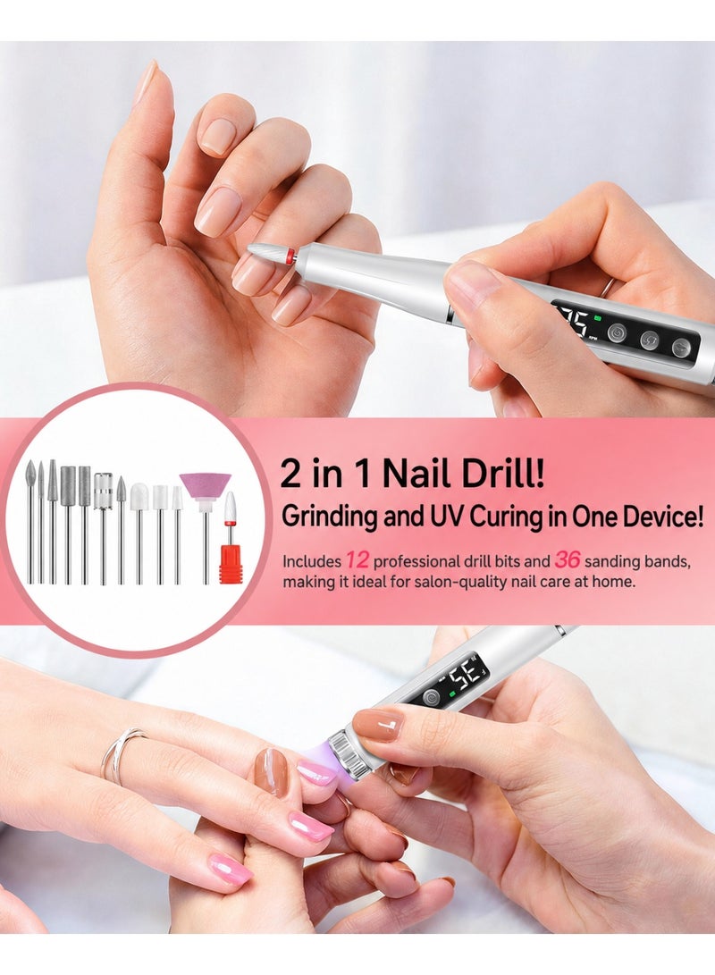 Kingone 2 in 1 Cordless Electric Nail Drill with UV Light, 25000 RPM, 35 Speed Levels, Forward Reverse, Rechargeable Nail File with 12 Bits and 36 Sanding Bands, White - Image 2