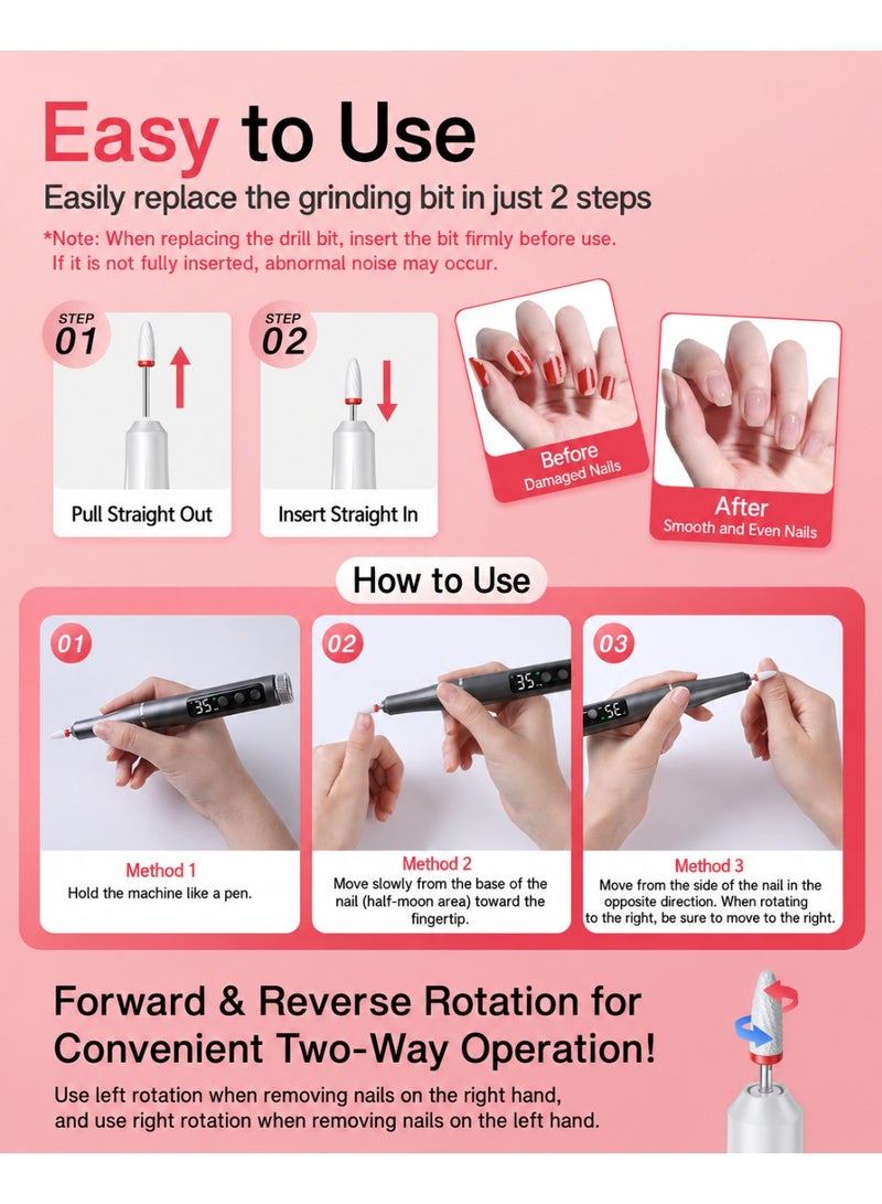 Kingone 2 in 1 Cordless Electric Nail Drill with UV Light, 25000 RPM, 35 Speed Levels, Forward Reverse, Rechargeable Nail File with 12 Bits and 36 Sanding Bands, White - Image 4