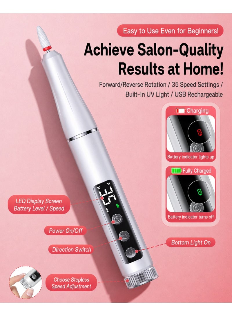 Kingone 2 in 1 Cordless Electric Nail Drill with UV Light, 25000 RPM, 35 Speed Levels, Forward Reverse, Rechargeable Nail File with 12 Bits and 36 Sanding Bands, White - Image 5