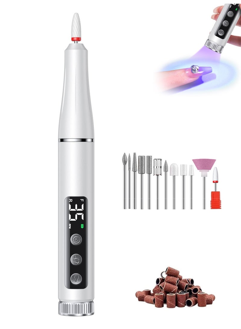 Kingone 2 in 1 Cordless Electric Nail Drill with UV Light, 25000 RPM, 35 Speed Levels, Forward Reverse, Rechargeable Nail File with 12 Bits and 36 Sanding Bands, White - Image 1