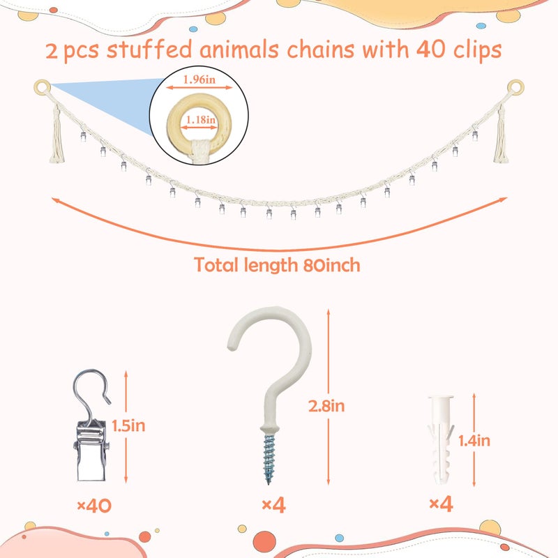 LONCHDAN 80" 2 Pack Cotton Hanging Storage Chain for Stuffed Animals Storage with 40 Metal Clips Stuffed Animal Organizer Chain for Wall Corner Nursery Play Room - Image 3