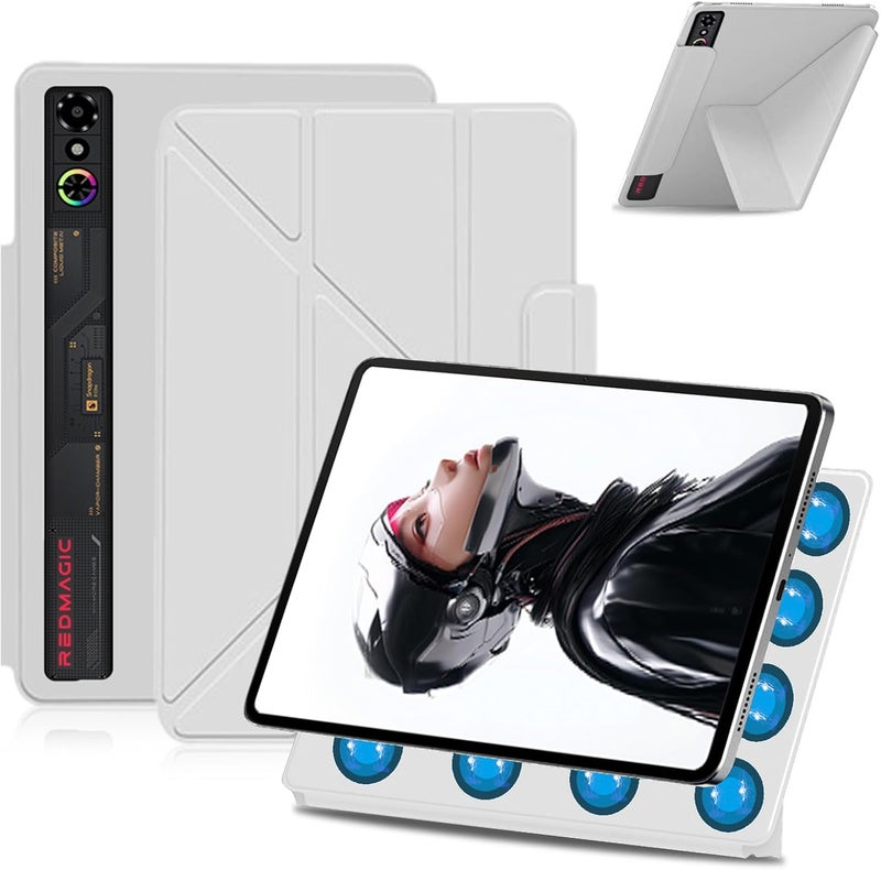 حافظة واقية قابلة للفك مغناطيسيًا لجهاز Nubia REDMAGIC Astra Gaming/Pad 3 Pro بحجم 9.06 بوصة، مزودة بإغلاق ثنائي الجانب، وقاعدة قابلة للطي على شكل حرف Y، ومحمل قلم، وتصميم لتبديد الحرارة (لون أبيض) - Image 1