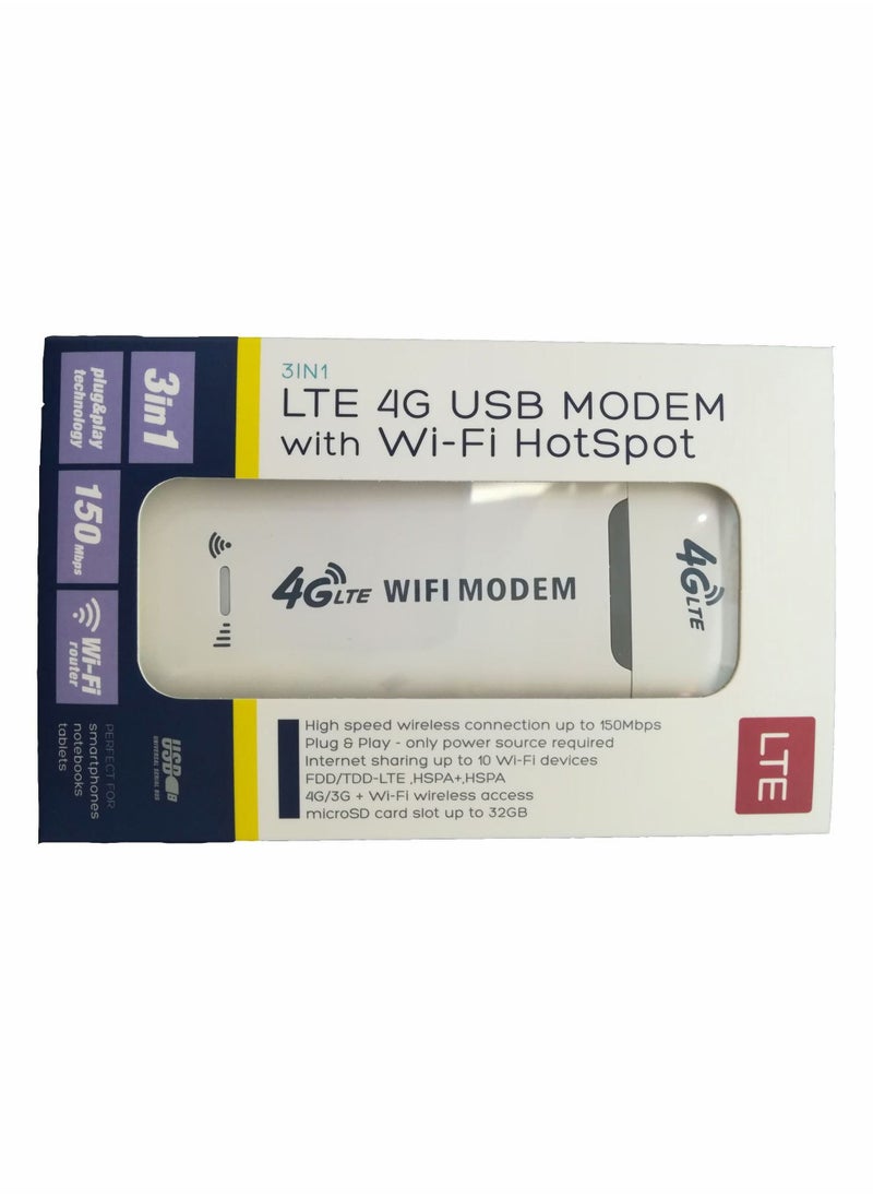 SYOSI - Portable USB Wifi Dongle 4G USB Modem WiFi Router USB Dongle 150Mbps with SIM Card Slot Car Hotspot Pocket Mobile WiFi (White) - Image 1