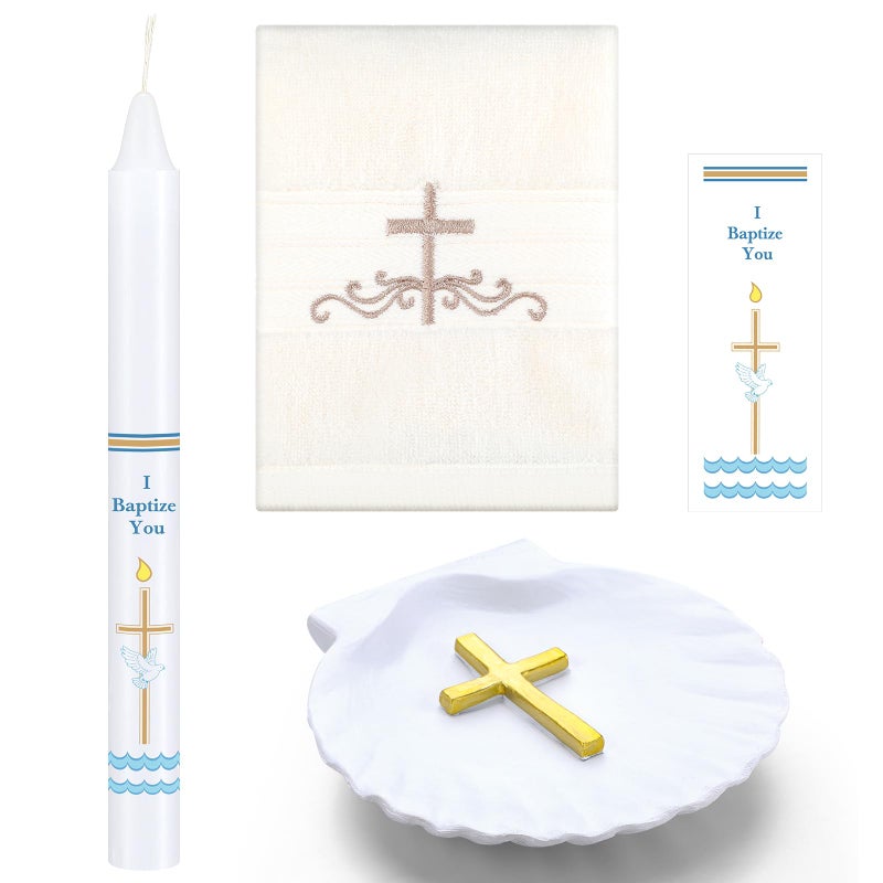 SmoothNovelty 4 Pcs Baptism Candle Set for Boy Girls Included Baptism Towel, Baptism Candle, Baptism Conch, Sticker Comunión De Niño Bautizo De Niña for Christening Favors - Image 1