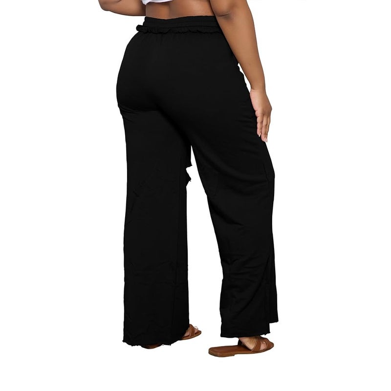 PINSV Wide Leg Pants for Women Drawstring Baggy Straight Casual Sweatpants with Pockets Black XXL - Image 4