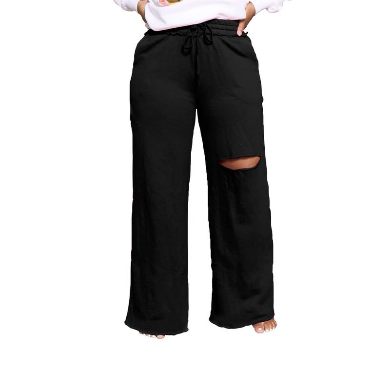 PINSV Wide Leg Pants for Women Drawstring Baggy Straight Casual Sweatpants with Pockets Black XXL - Image 3