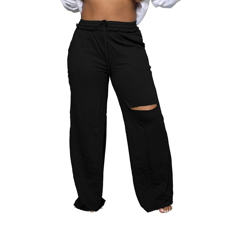 PINSV Wide Leg Pants for Women Drawstring Baggy Straight Casual Sweatpants with Pockets Black XXL - Image 1