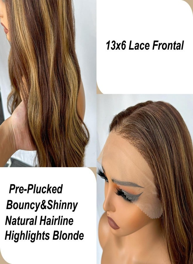 SOKU 13x6 Body Wave Lace Front Wigs 28 Inch Ombre Natural Wave Synthetic Wigs with Baby Hair 4/27 Highlight Brown Honey Blonde Lace Frontal Pre Plucked Glueless HD Wavy Wig for Women - Image 4