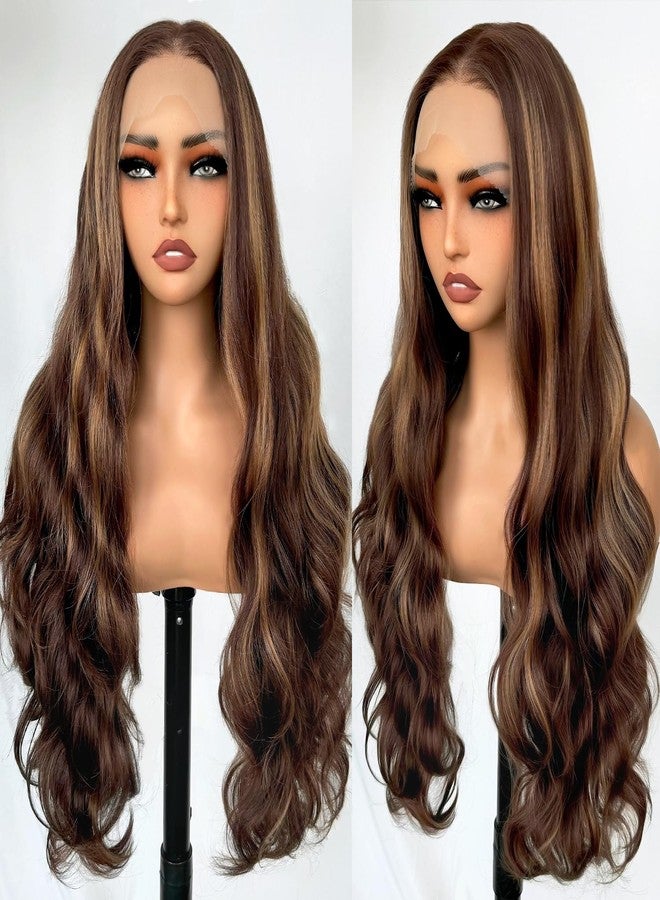 SOKU 13x6 Body Wave Lace Front Wigs 28 Inch Ombre Natural Wave Synthetic Wigs with Baby Hair 4/27 Highlight Brown Honey Blonde Lace Frontal Pre Plucked Glueless HD Wavy Wig for Women - Image 1