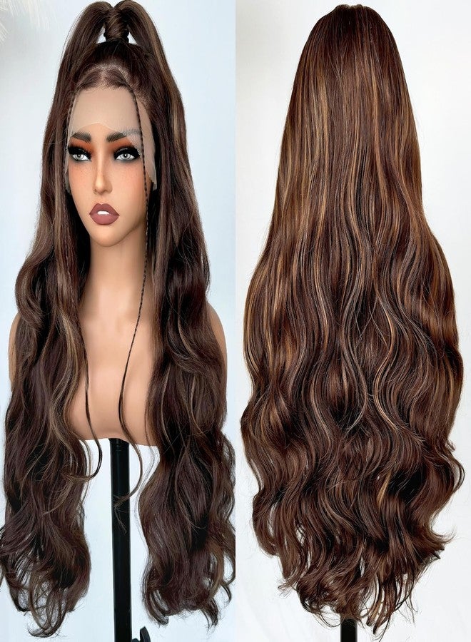 SOKU 13x6 Body Wave Lace Front Wigs 28 Inch Ombre Natural Wave Synthetic Wigs with Baby Hair 4/27 Highlight Brown Honey Blonde Lace Frontal Pre Plucked Glueless HD Wavy Wig for Women - Image 2