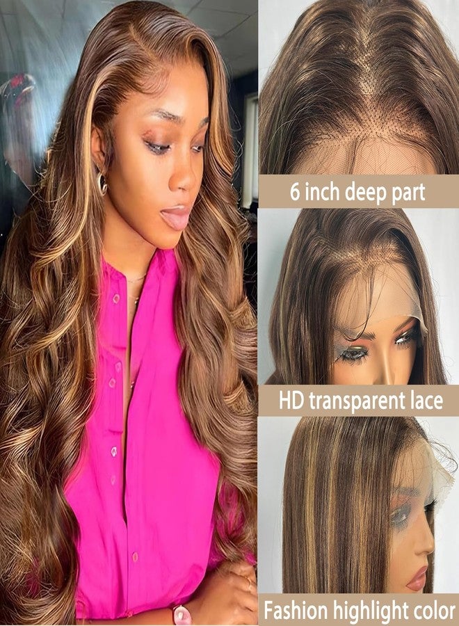 SOKU 13x6 Body Wave Lace Front Wigs 28 Inch Ombre Natural Wave Synthetic Wigs with Baby Hair 4/27 Highlight Brown Honey Blonde Lace Frontal Pre Plucked Glueless HD Wavy Wig for Women - Image 3