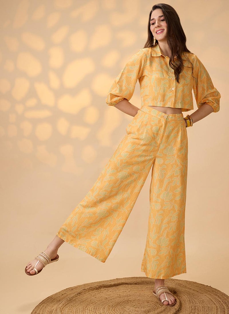 Globus Women Yellow Collared Neck Bishop Sleeves Floral Print Crop Shirt With Palazzos Fusion Co-Ord Set - Image 1