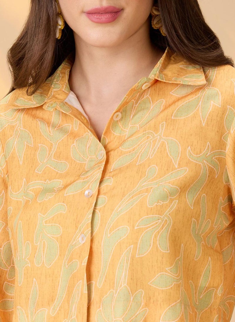 Globus Women Yellow Collared Neck Bishop Sleeves Floral Print Crop Shirt With Palazzos Fusion Co-Ord Set - Image 5