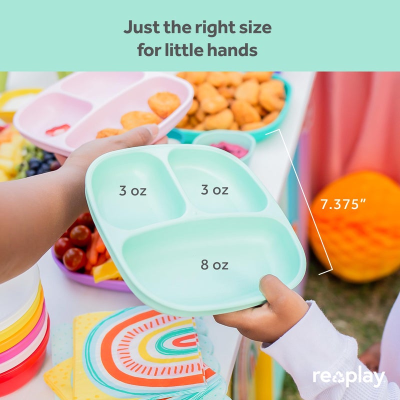 ري بلاي Made in USA 7 Deep Walled Divided Plates for Kids, Set of 3 - Reusable 3 Compartment Plates, Dishwasher and Microwave Safe - 7.37 x 7.37 x 1.25 - Image 4