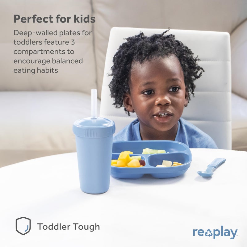 ري بلاي Made in USA 7 Deep Walled Divided Plates for Kids, Set of 3 - Reusable 3 Compartment Plates, Dishwasher and Microwave Safe - 7.37 x 7.37 x 1.25 - Image 3