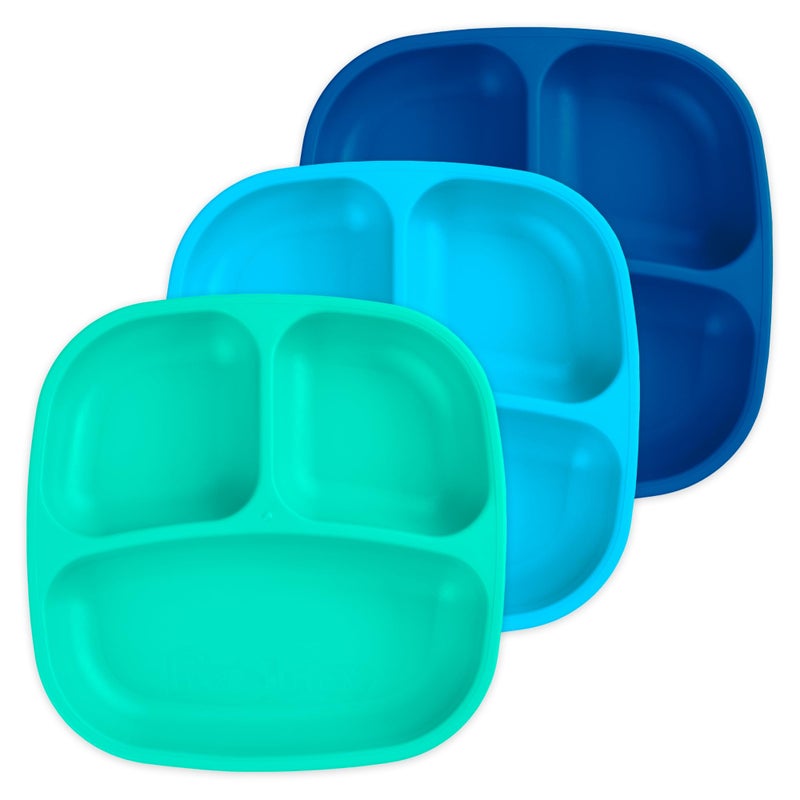 ري بلاي Made in USA 7 Deep Walled Divided Plates for Kids, Set of 3 - Reusable 3 Compartment Plates, Dishwasher and Microwave Safe - 7.37 x 7.37 x 1.25 - Image 1