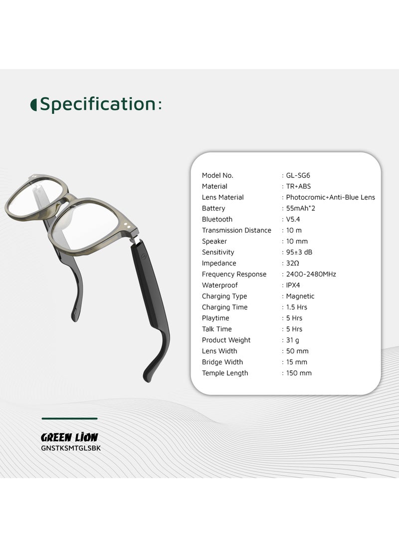 GL-SG6 Stockholm Smart Glasses / Play & Pause / Answer & Reject Calls / Photochromic, Polarized & Anti-Blue Lens / Built-in Microphone / UV400 Protection / Voice Assistant / Remote Camera / Touch Control / TWS Function - Black