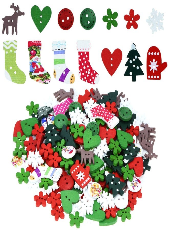 yeabwps 400 Pieces Christmas Wooden Buttons Colorful Sewing Buttons with Christmas Pattern for Handmade Project DIY Scrapbooking, Mixed Sizes and Styles - Image 1