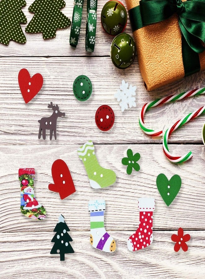 yeabwps 400 Pieces Christmas Wooden Buttons Colorful Sewing Buttons with Christmas Pattern for Handmade Project DIY Scrapbooking, Mixed Sizes and Styles - Image 4