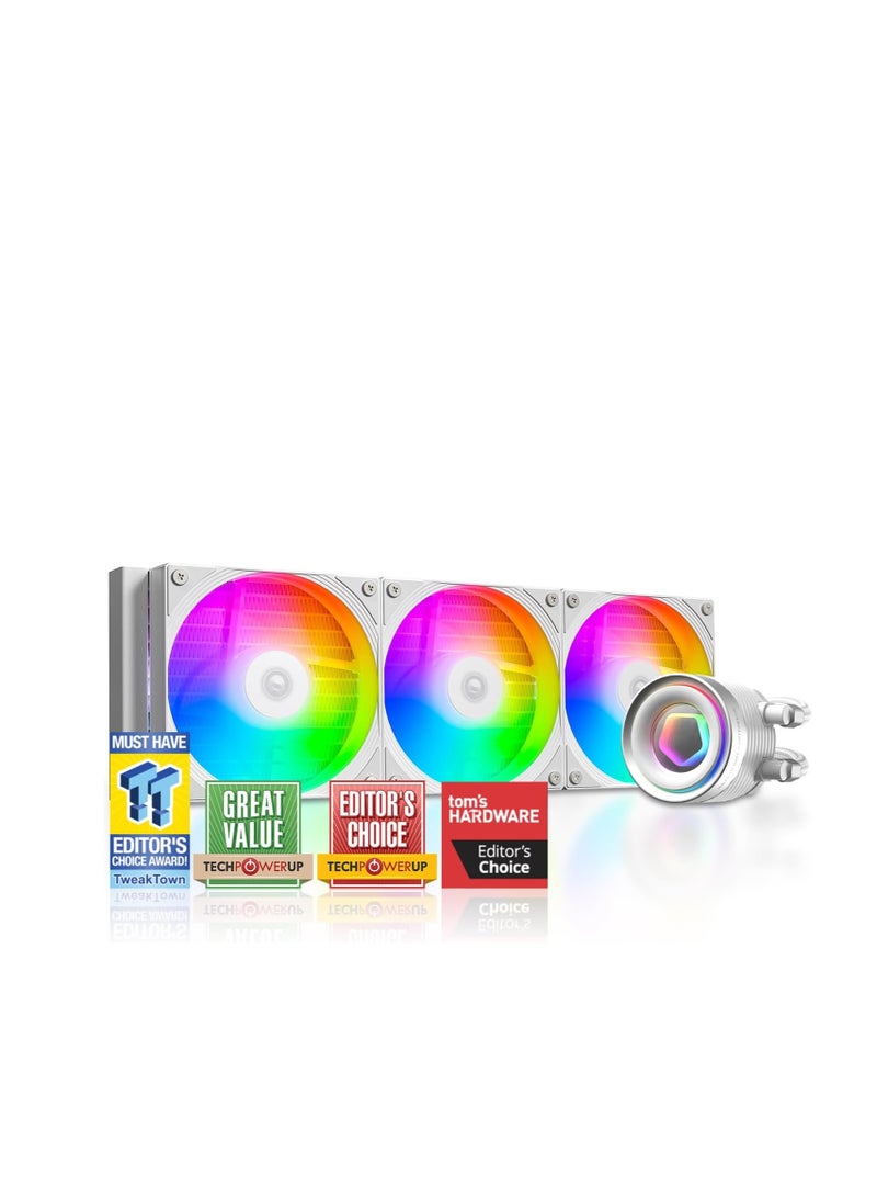 ID-COOLING FX360 INF White 360mm Liquid CPU Cooler, AIO Cooler ARGB Infinity Mirror Effect, 3x120mm Daisy-Chained Fans Low-Noise Operating 27.2dB(A) Max., Intel LGA1851/1700/1200/115X; AMD AM5/AM4 - Image 1