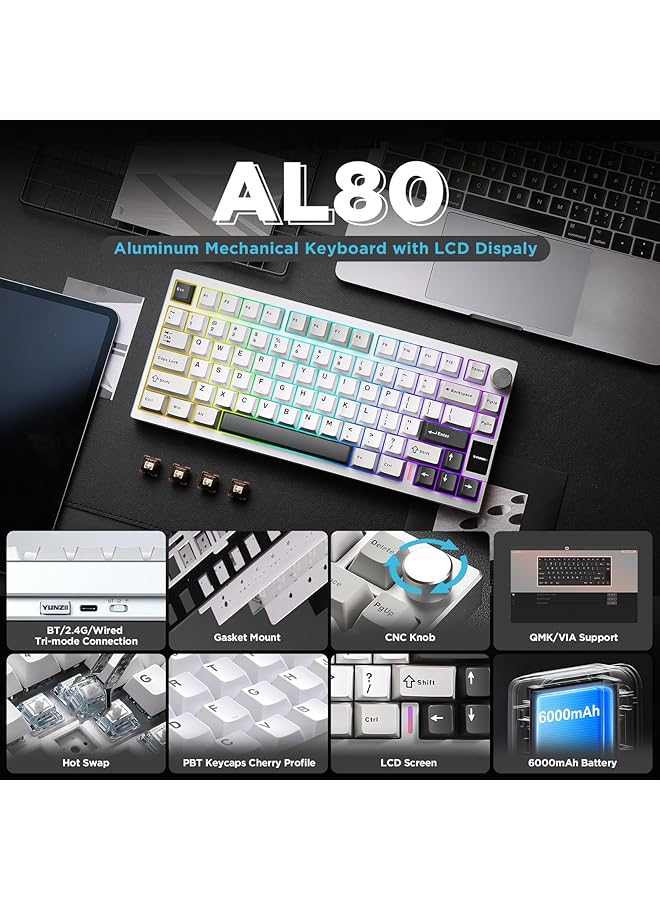 YUNZII Al80 Wireless Mechanical Keyboard Full Aluminum Cnc Smart Lcd Display Hot Swappable Gasket 75% Layout With Knob Bt/2.4G/Usb C Qmk/Via Support For Win/Mac (Silver Gateron Zero Switch)  - Image 2