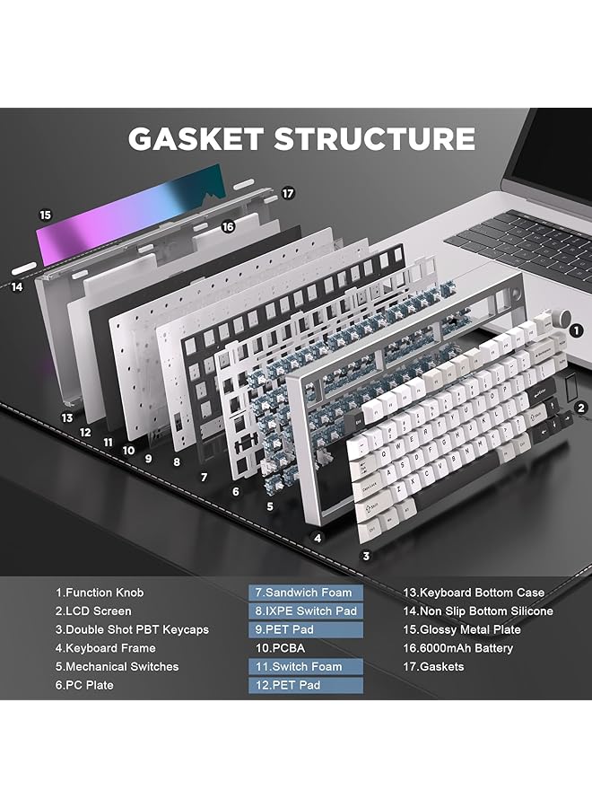 YUNZII Al80 Wireless Mechanical Keyboard Full Aluminum Cnc Smart Lcd Display Hot Swappable Gasket 75% Layout With Knob Bt/2.4G/Usb C Qmk/Via Support For Win/Mac (Silver Gateron Zero Switch)  - Image 5