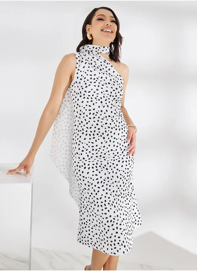 Styli Asymmetric Scarf Neck Textured Midi Dress