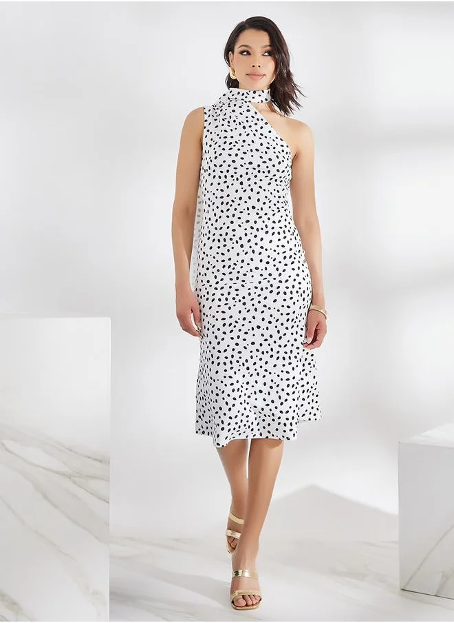Styli Asymmetric Scarf Neck Textured Midi Dress