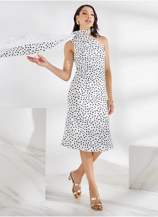 Styli Asymmetric Scarf Neck Textured Midi Dress