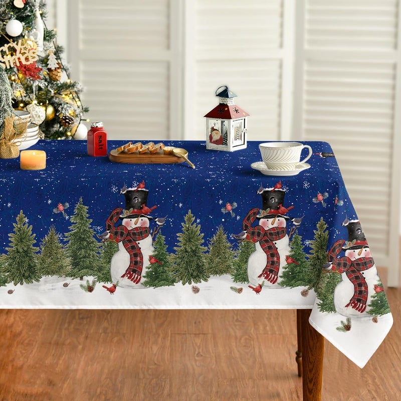 Horaldaily Christmas Tablecloth 60120 Inch Rectangular Winter Snowman Xmas Trees Blue Washable Table Cover for Party Picnic Dinner Decor - Image 1