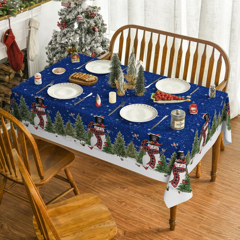Horaldaily Christmas Tablecloth 60120 Inch Rectangular Winter Snowman Xmas Trees Blue Washable Table Cover for Party Picnic Dinner Decor - Image 2