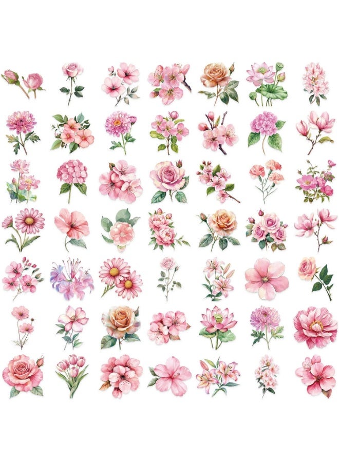 سيوسي Floral Stickers, Waterproof Clear PET Botanical Decals, Pink Flower Stickers for Scrapbooking, Kindle Decoration, Water Bottle, Guitar, Laptop, Journal, DIY Craft Projects (Pink, 50 Count) - Image 1