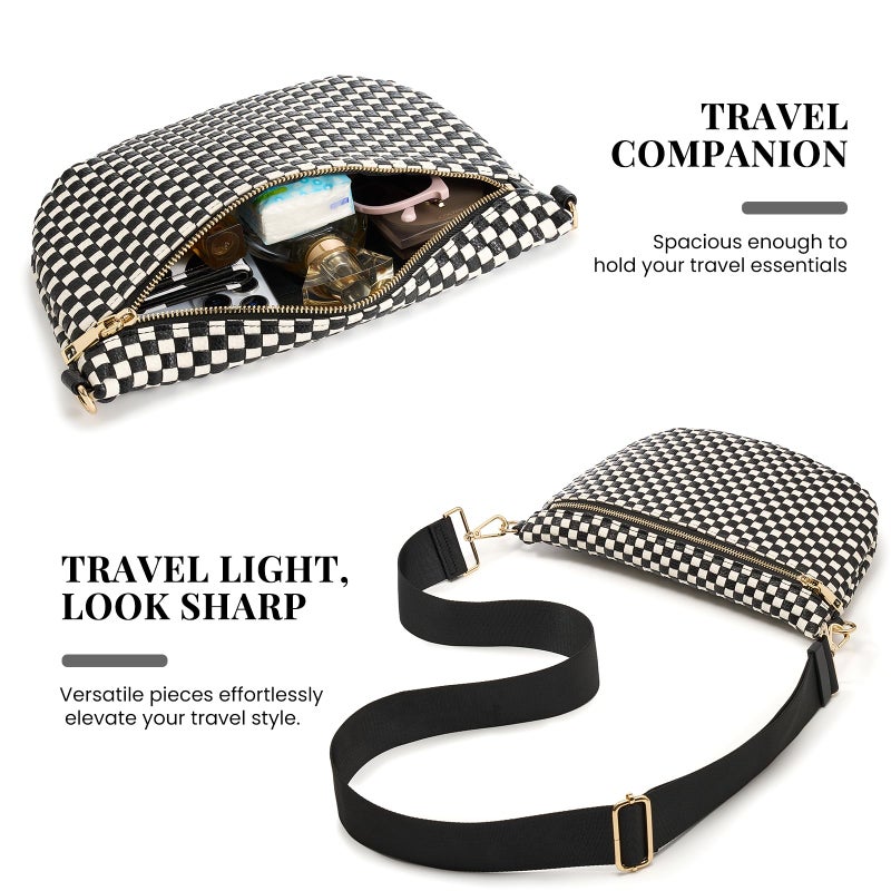 kuifang Woven Crossbody Bags For Women, Checkered Fashion PU Bum Bag Waist Pack, Travel Sling Purse with Adjustable Strapï¼ˆBlack) - Image 4