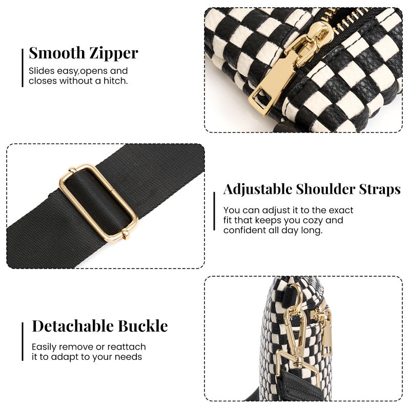 kuifang Woven Crossbody Bags For Women, Checkered Fashion PU Bum Bag Waist Pack, Travel Sling Purse with Adjustable Strapï¼ˆBlack) - Image 5