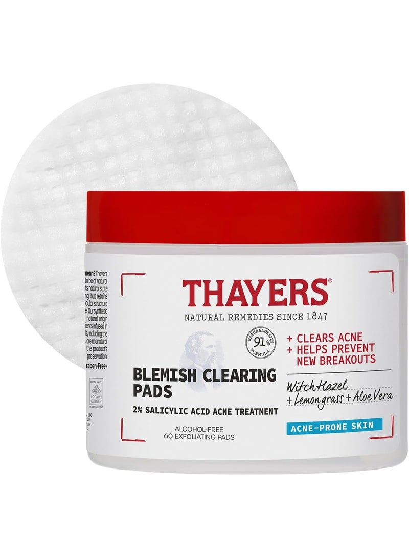 Thayers Blemish Clearing Acne Pads with 2% Salicylic Acid & Witch Hazel – Alcohol-Free, Gentle, Soothes Skin, Clears Blemishes, Blackheads & Whiteheads, 60 Count - Image 1