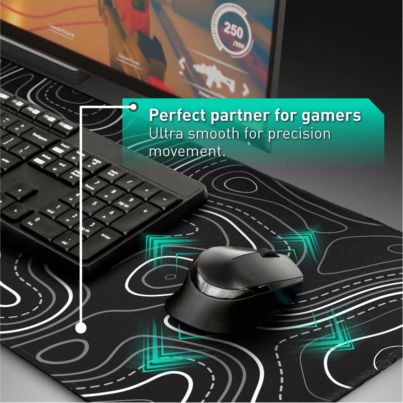 Pixiecube Minimalist Topographic Map Mouse Pad - Contour Extended Large Stitch Edge Mousepad. Black & White Non-Slip XXL Gaming Desk Mat - Image 5