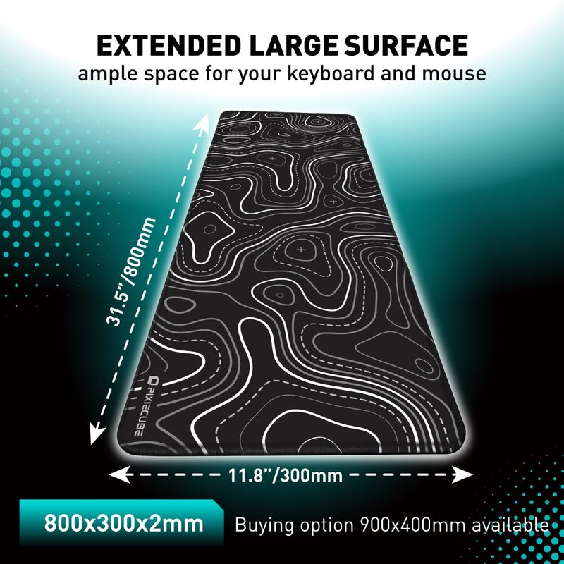 Pixiecube Minimalist Topographic Map Mouse Pad - Contour Extended Large Stitch Edge Mousepad. Black & White Non-Slip XXL Gaming Desk Mat - Image 3