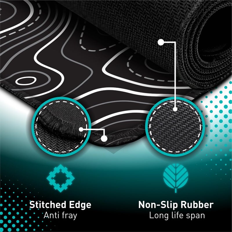 Pixiecube Minimalist Topographic Map Mouse Pad - Contour Extended Large Stitch Edge Mousepad. Black & White Non-Slip XXL Gaming Desk Mat - Image 2