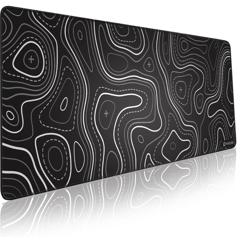 Pixiecube Minimalist Topographic Map Mouse Pad - Contour Extended Large Stitch Edge Mousepad. Black & White Non-Slip XXL Gaming Desk Mat - Image 1