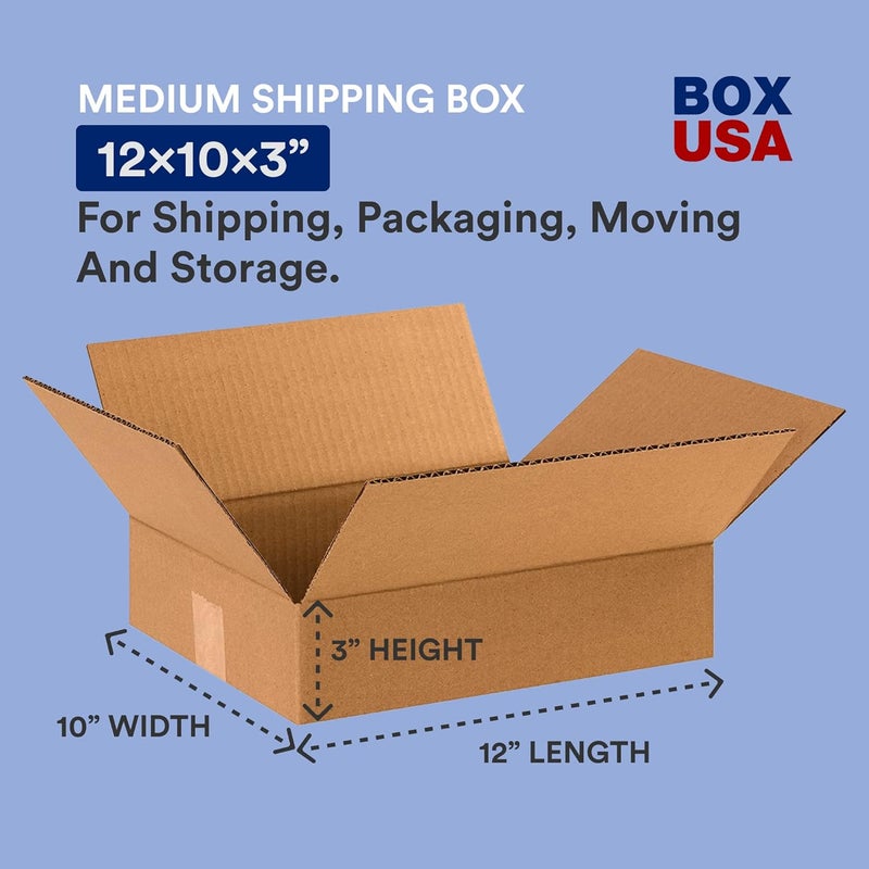 BOX USA صناديق الشحن 12"طول x 10"عرض x 3"ارتفاع 25-عبوة - صندوق كرتون مضلع مسطح للتعبئة، النقل والتخزين - Image 3