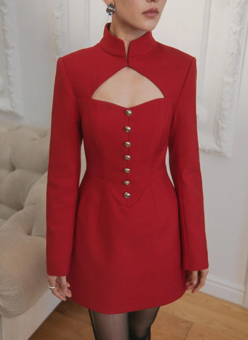 Mini dress with a cut-out at the chest and large buttons