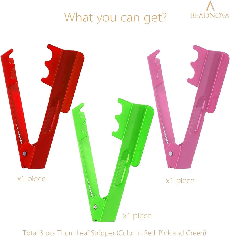 BEADNOVA أداة إزالة الشوك من الورد BEADNOVA أداة معدنية لإزالة الشوك لأعمال الزهور والحدائق 3 قطع أحمر أخضر وردي - Image 3