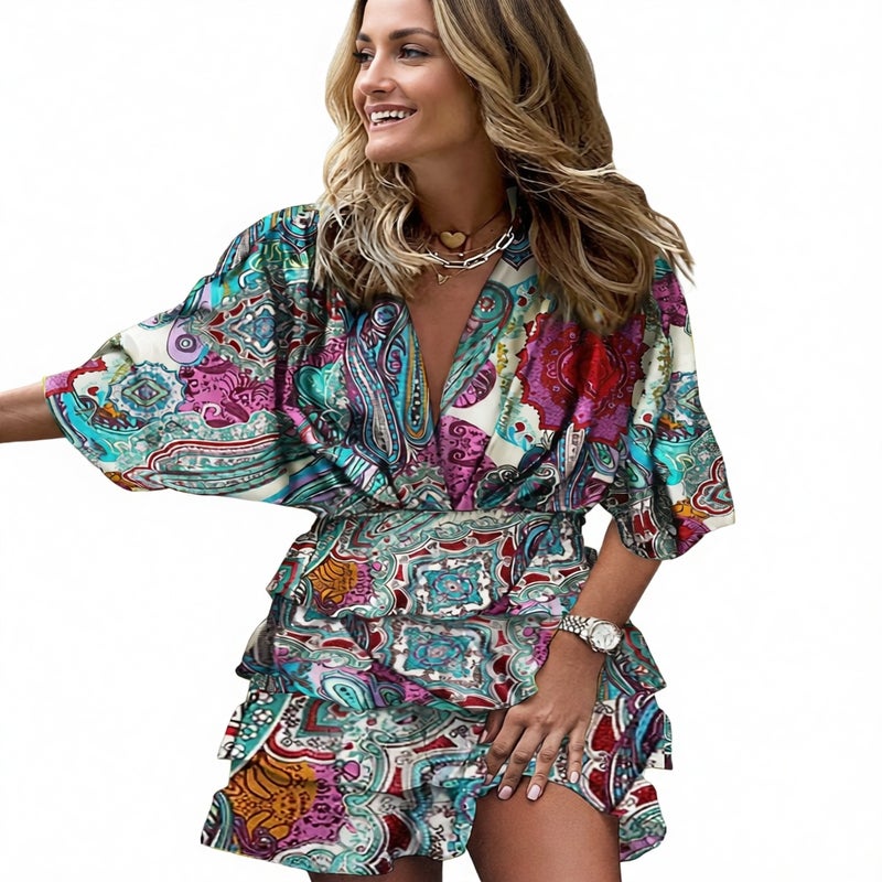 V Neck Batwing Sleeve Irregular Hem Dress - Image 5