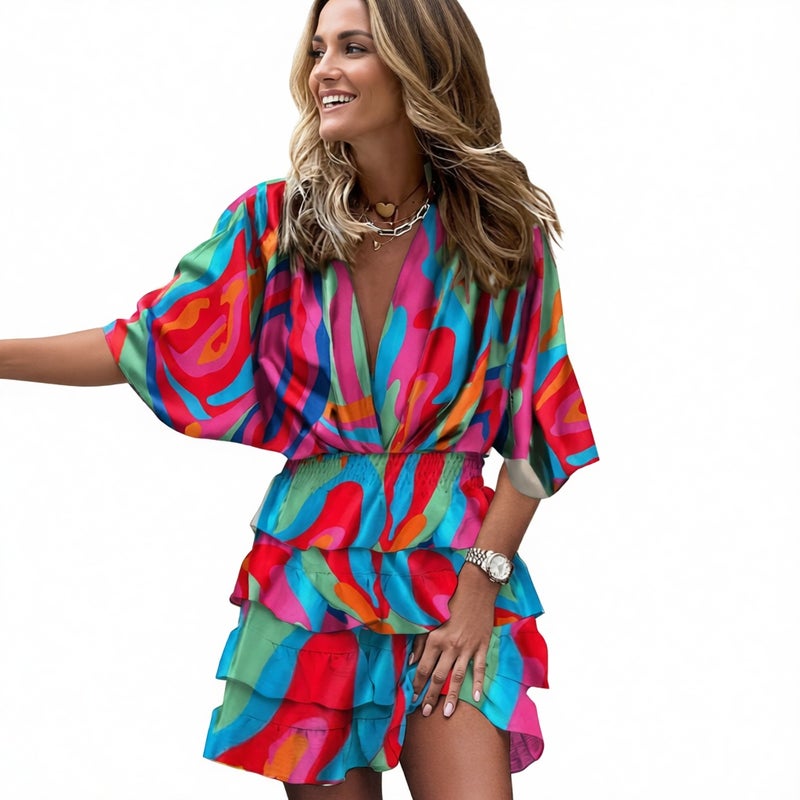 V Neck Batwing Sleeve Irregular Hem Dress - Image 1