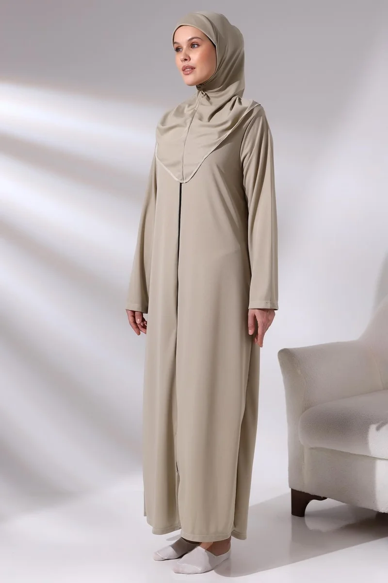 İhvan Ihvan Mink Women's Practical Headscarf Zippered One-Piece Prayer Dress Prayer Rug Set
