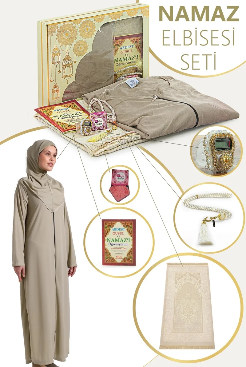 İhvan Ihvan Mink Women's Practical Headscarf Zippered One-Piece Prayer Dress Prayer Rug Set