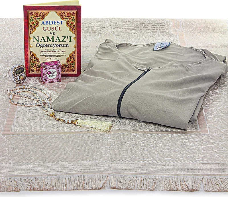 İhvan Ihvan Mink Women's Practical Headscarf Zippered One-Piece Prayer Dress Prayer Rug Set